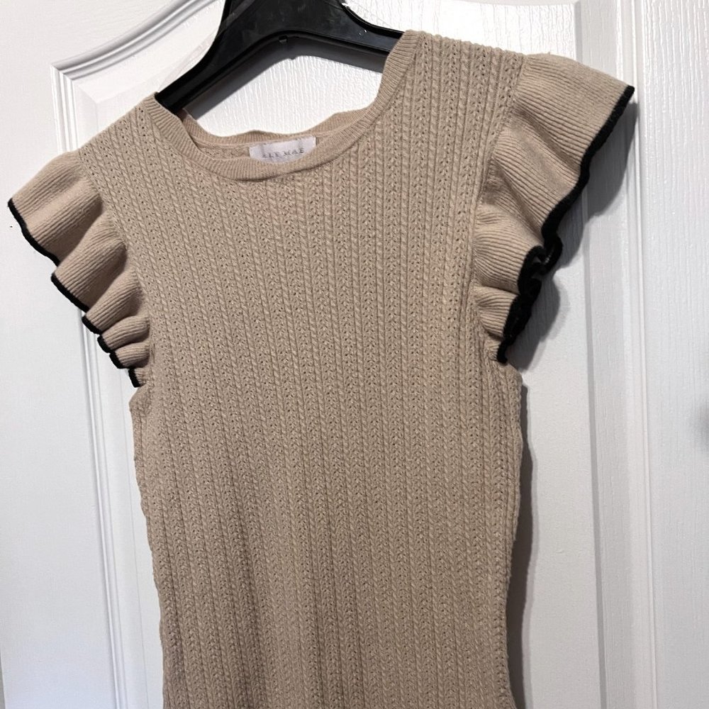 Ally Mae Tan & Black Trim Flutter Short Sleeve Sweater-Size Large-Women's-Casual - Picture 8 of 14